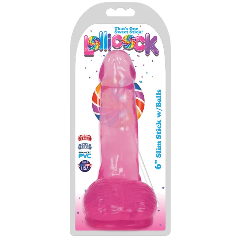 Curve Toys Lollicock Slim Stick 6 in. Dildo with Balls & Suction Cup Cherry Ice