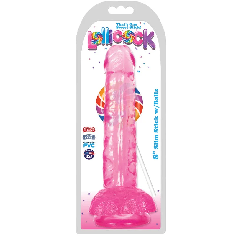 Curve Toys Lollicock Slim Stick 8 in. Dildo with Balls & Suction Cup Cherry Ice