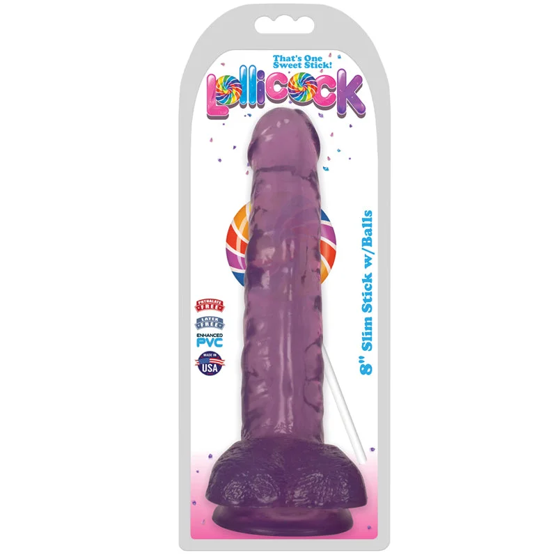 Curve Toys Lollicock Slim Stick 8 in. Dildo with Balls & Suction Cup Grape Ice