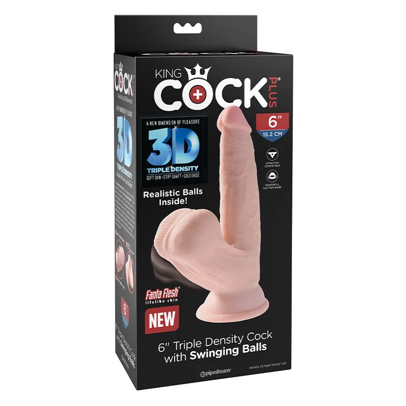 Pipedream King Cock Plus 6 in. Triple Density Cock With Swinging Balls Realistic Suction Cup Dildo Beige