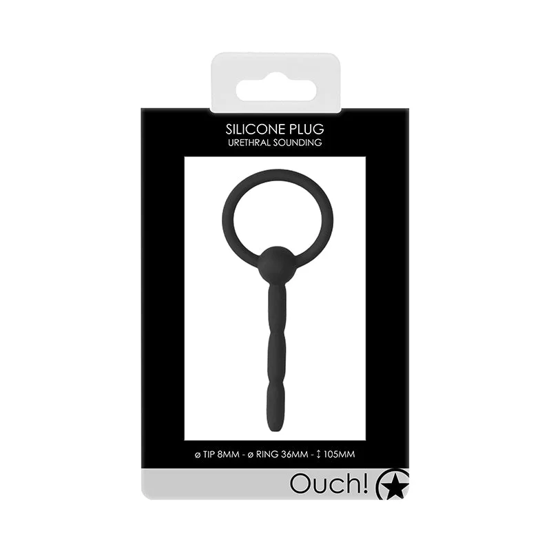 Ouch! Urethral Sounding Tiered Silicone Plug With Ring Black 8 mm