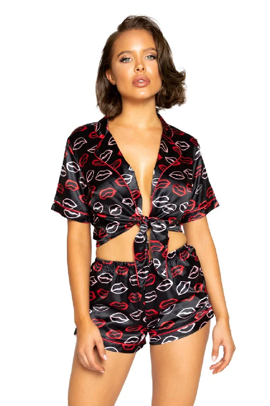 Lip Print Satin Pajama Set