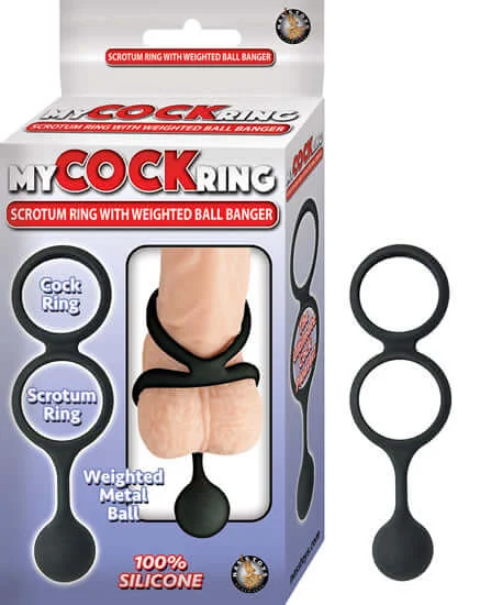 My Cock Ring Scrotum Ring with Weighted Ball Banger - Black, 100% Silicone