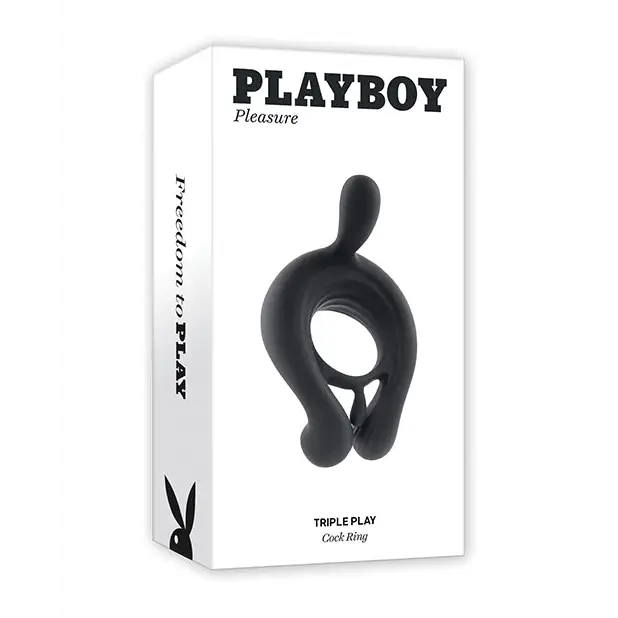 Playboy Triple Play Rechargeable Remote Controlled Vibrating Silicone Cockring with Stimulator Black